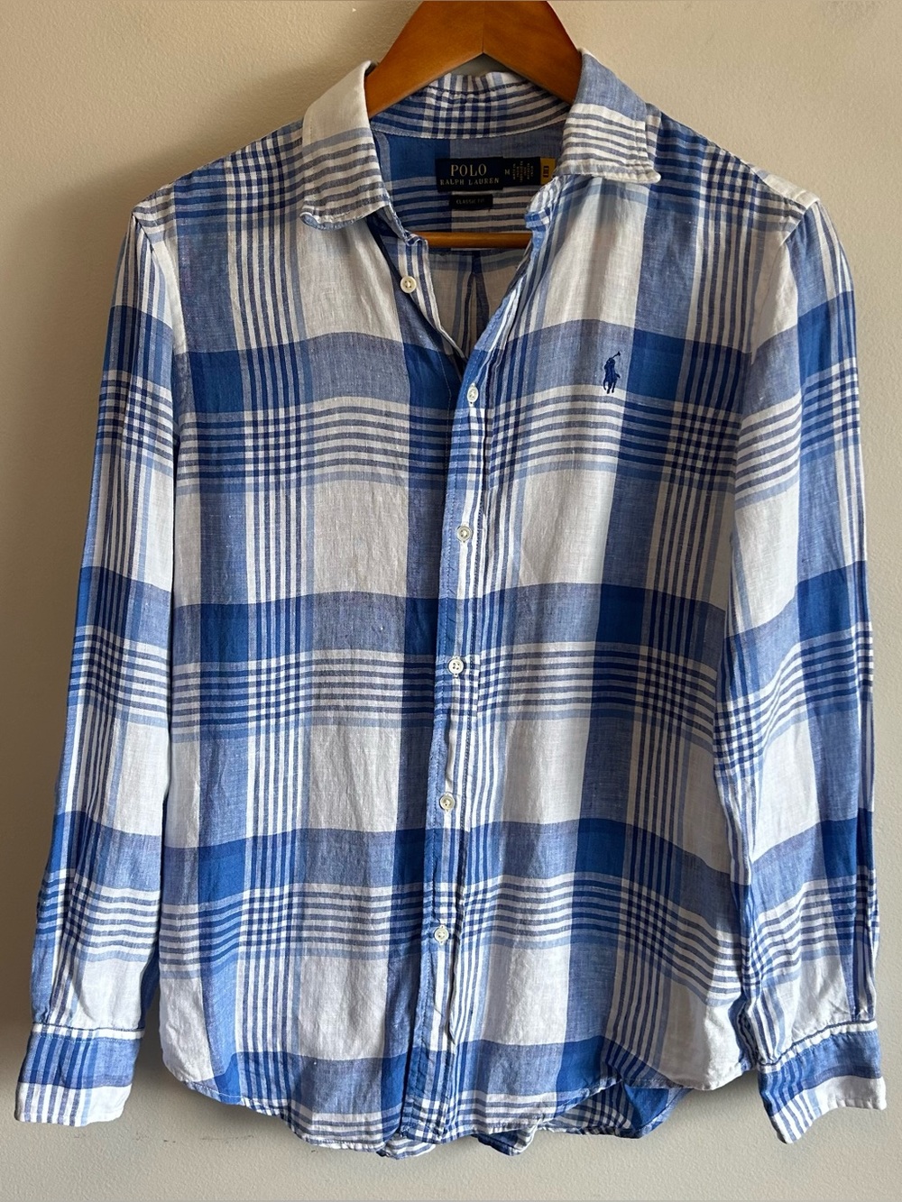 Polo Ralph Lauren Button Down Shirt Mens M Classic Fit Linen Plaid Blue White